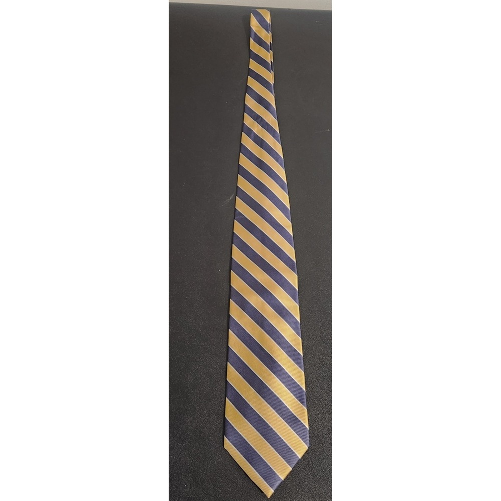 Rooster‎ Men's Silk Tie Navy Blue Gold Yellow Striped Repp Textured 58" Long